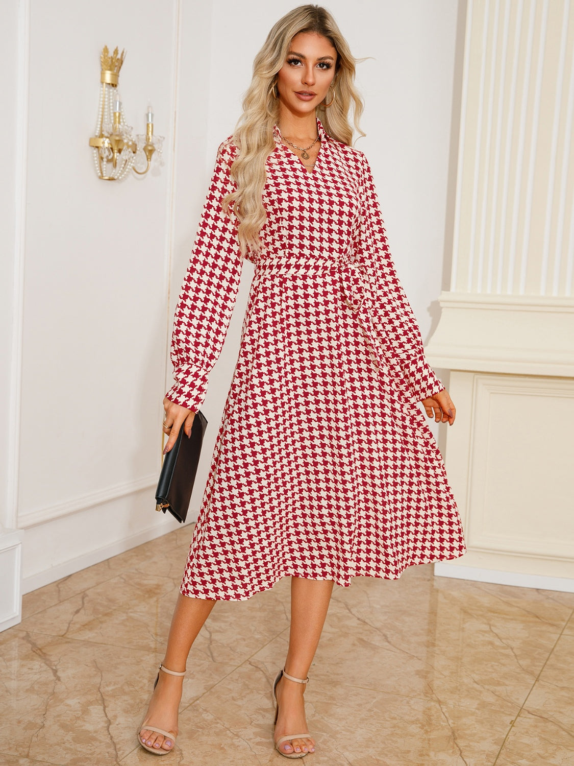 LIZAKOSHT  -  Tied Houndstooth Long Sleeve Midi Dress