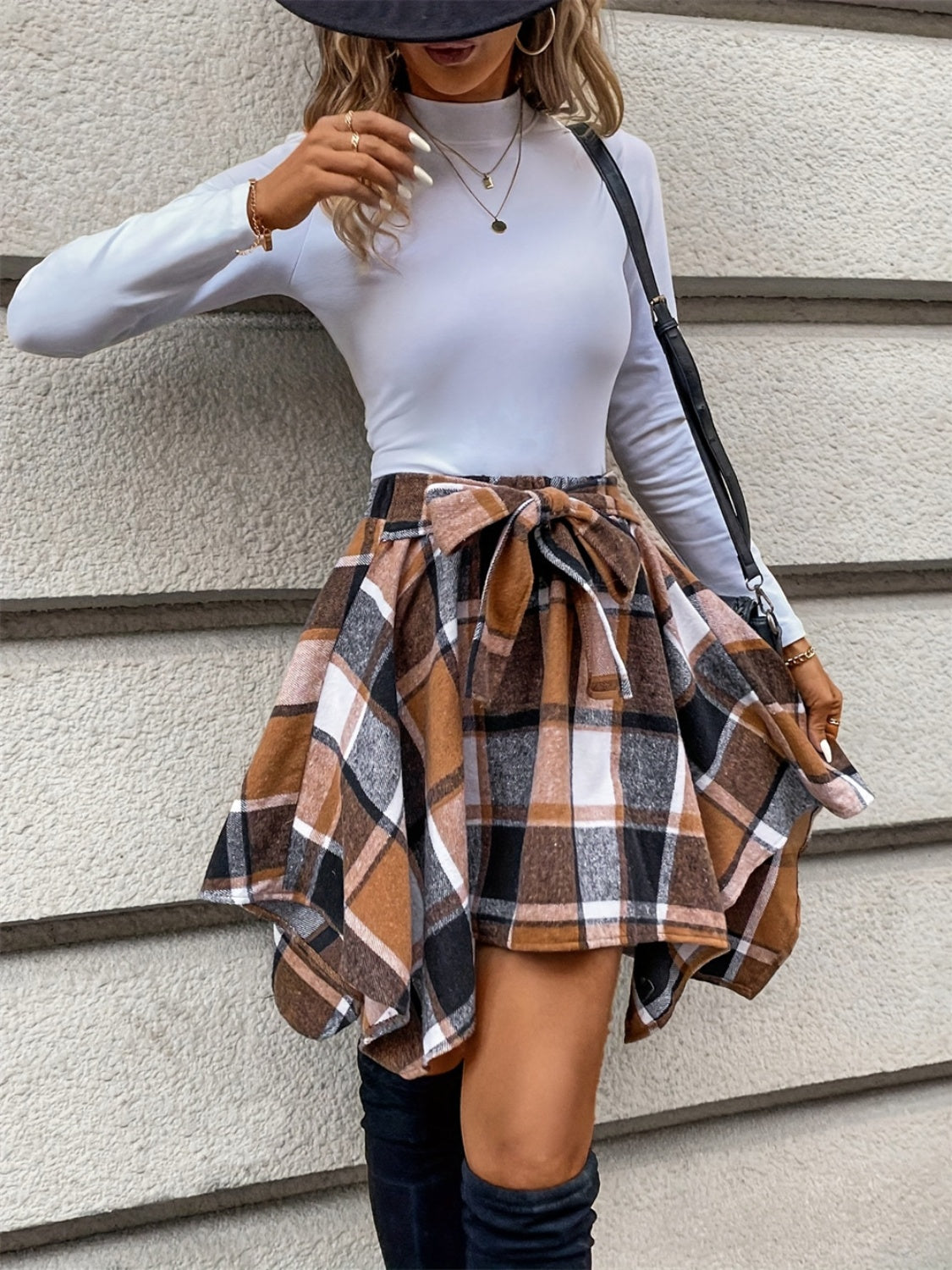 LIZAKOSHT  -  Tied Plaid Asymmetrical Hem Skirt