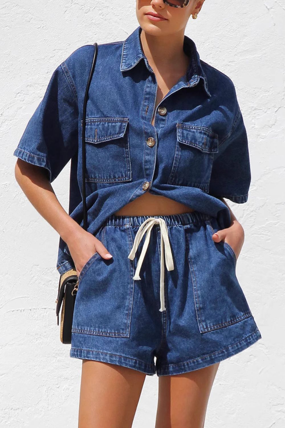 LIZAKOSHT  -  Collared Neck Button Up Top and Shorts Denim Set