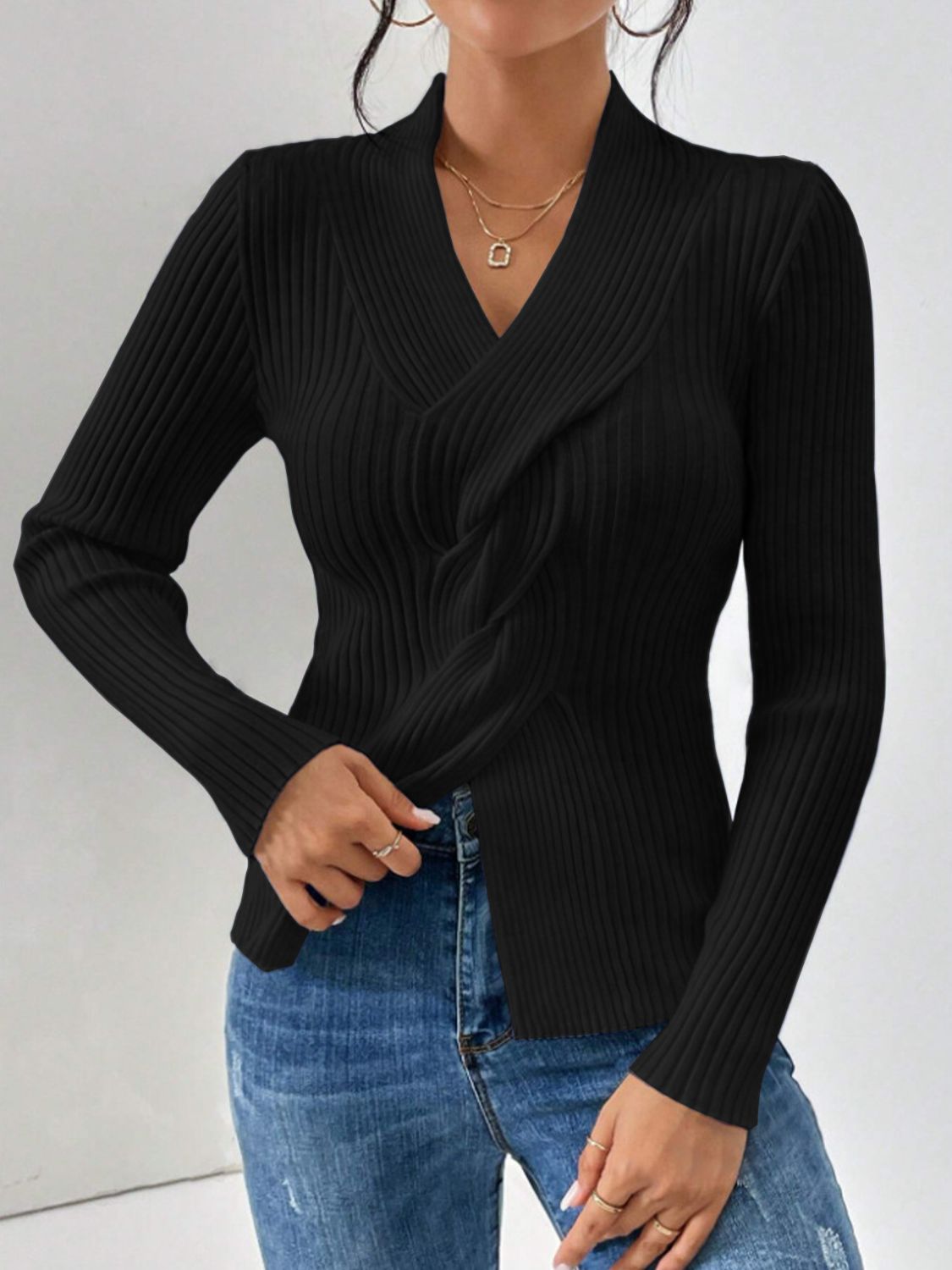 LIZAKOSHT  -  Twist Front Ribbed Long Sleeve Sweater