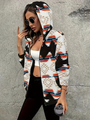 LIZAKOSHT  -  Geometric Zip Up Hooded Sherpa Jacket