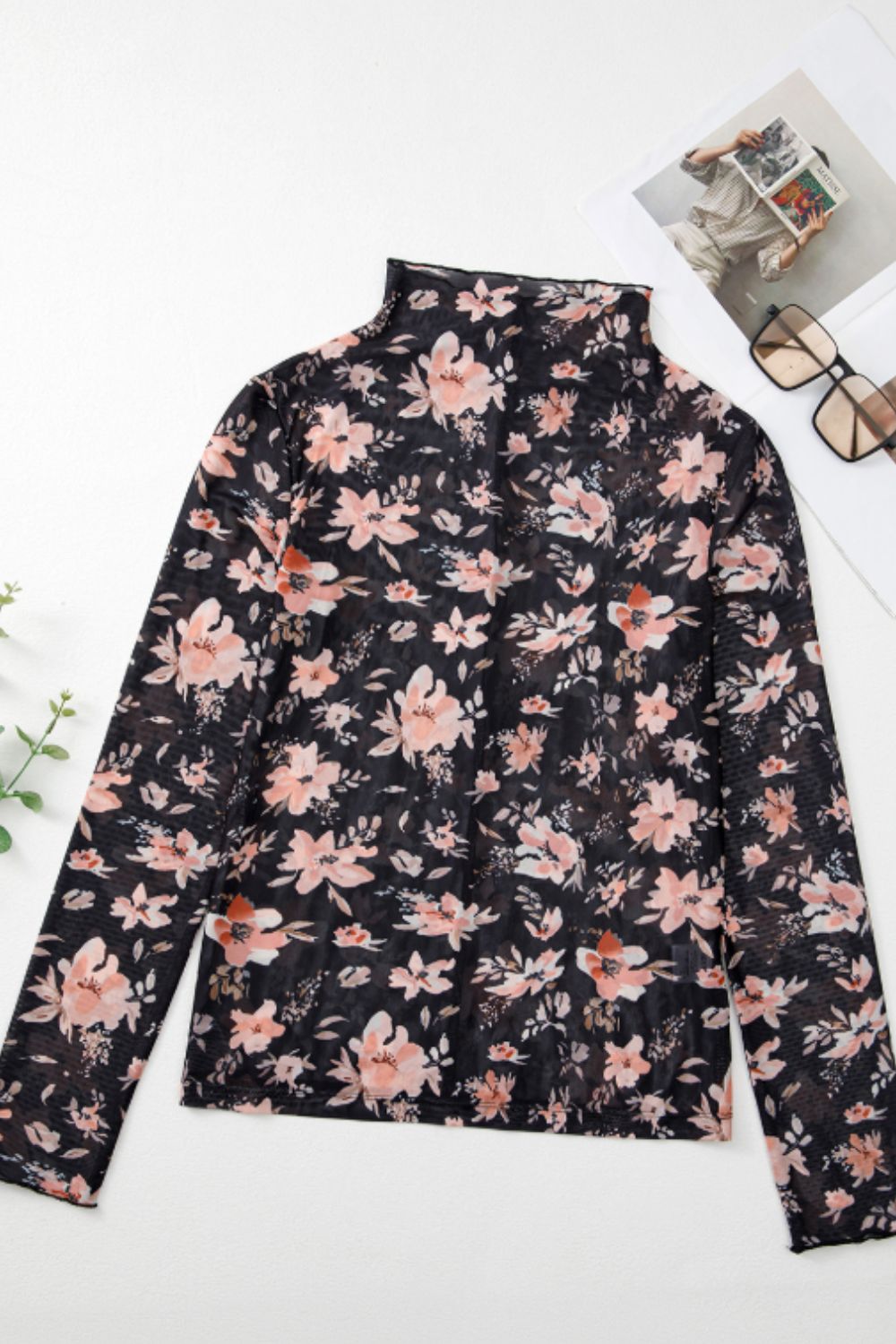 LIZAKOSHT  -  Floral Mock Neck Long Sleeve Blouse