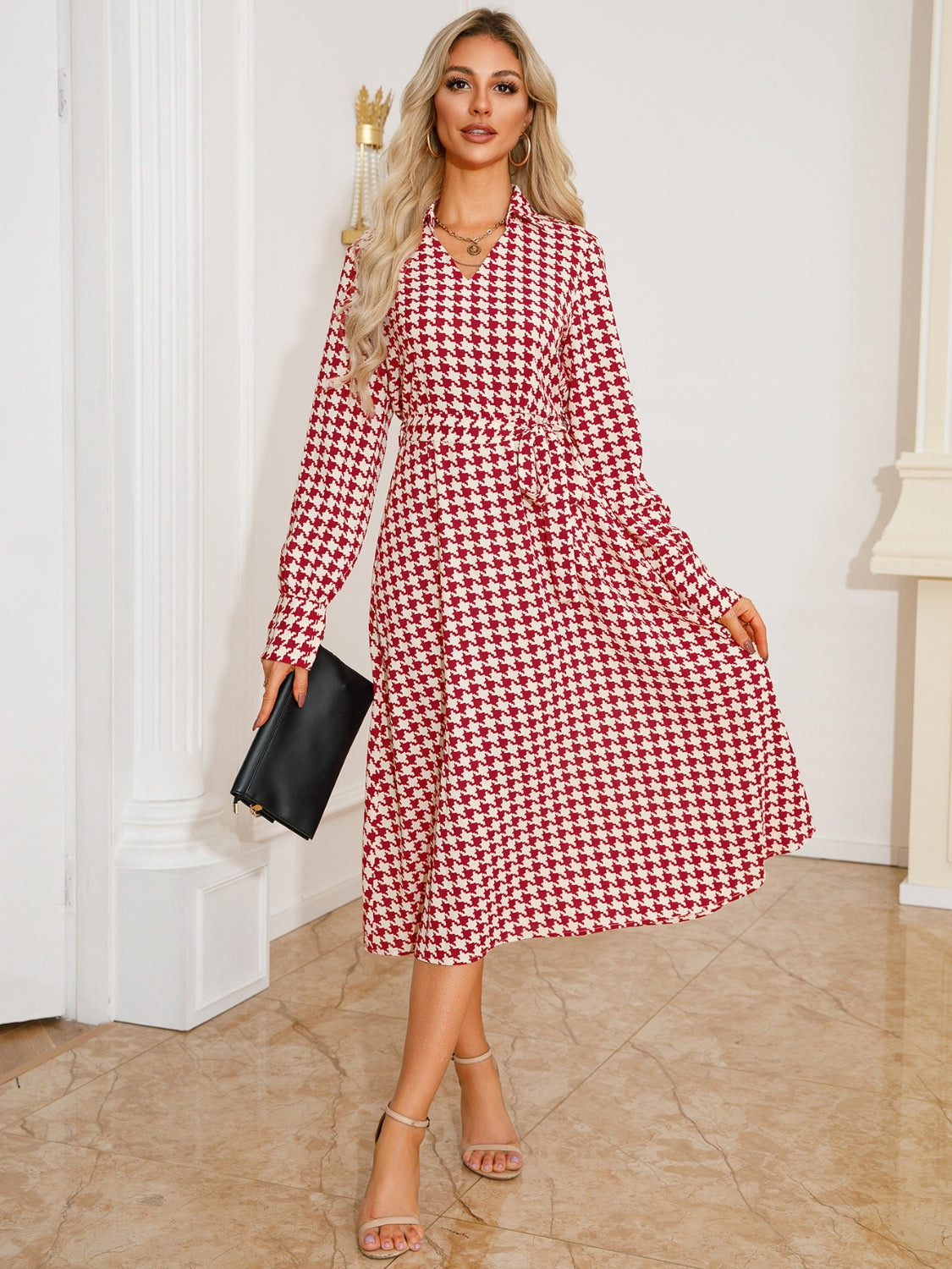 LIZAKOSHT  -  Tied Houndstooth Long Sleeve Midi Dress