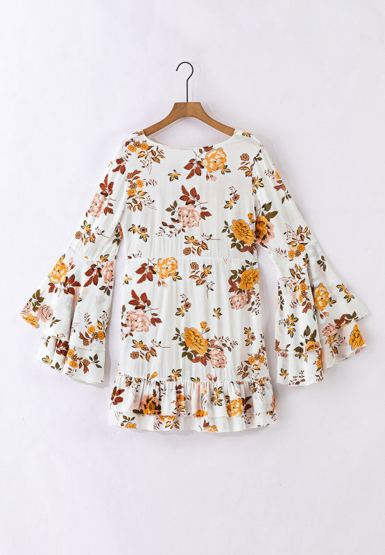 LIZAKOSHT  -  Printed V-Neck Flare Sleeve Mini Dress