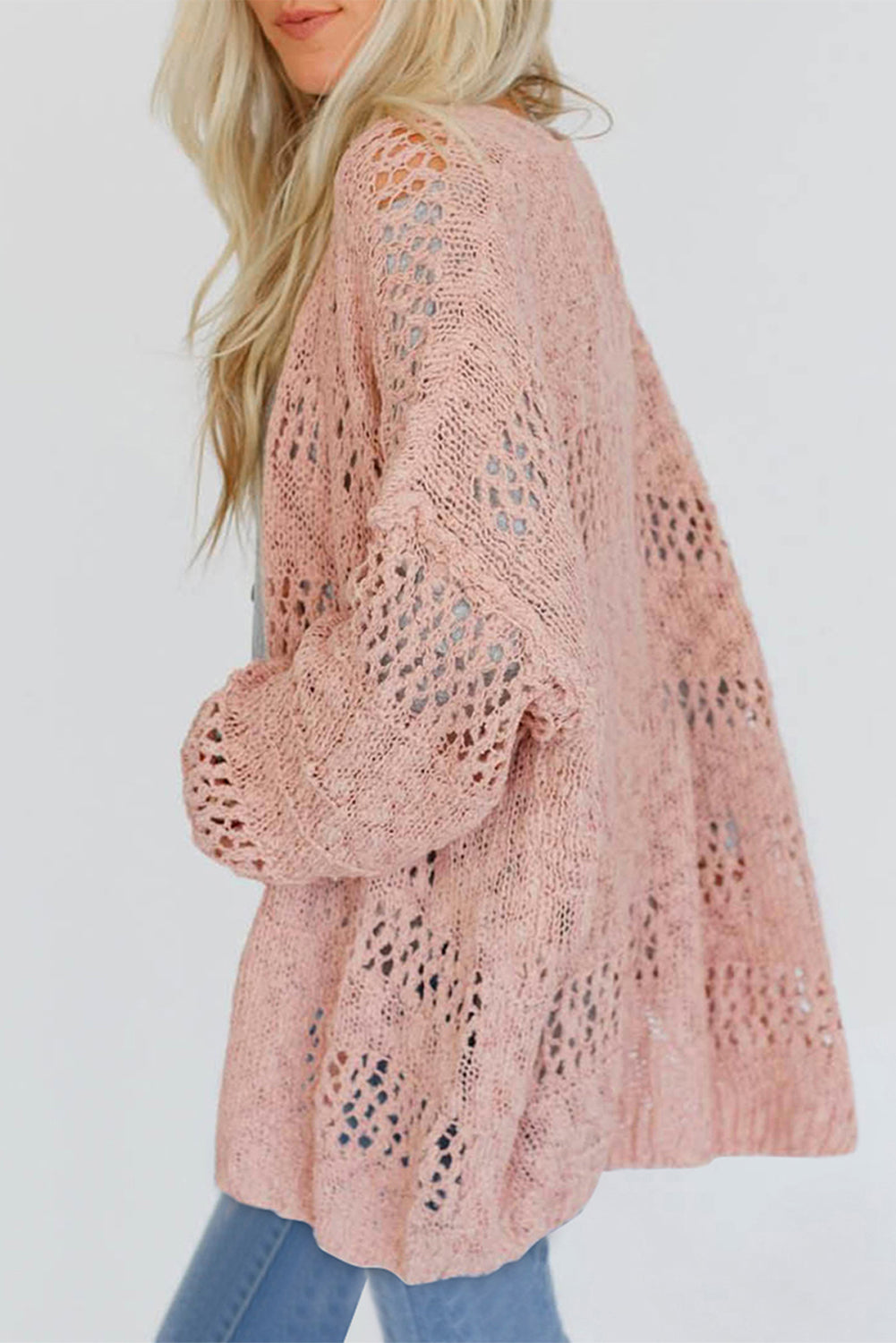 LIZAKOSHT  -  Openwork Open Front Long Sleeve Cardigan