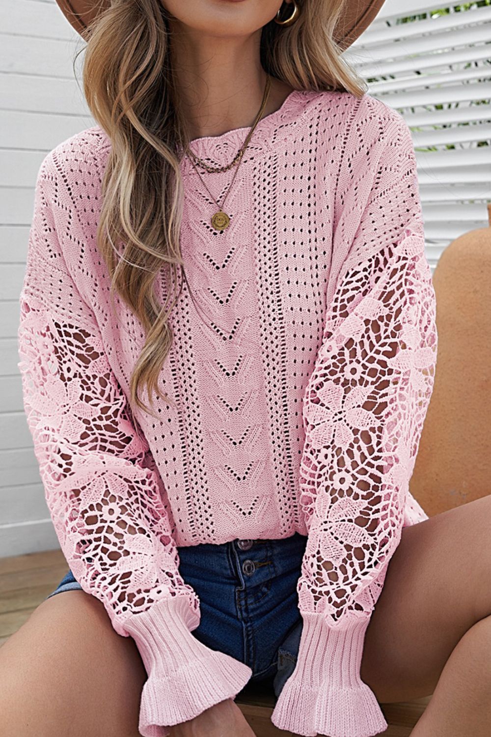 LIZAKOSHT  -  Openwork Round Neck Long Sleeve Sweater