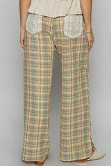 LIZAKOSHT  -  POL Lace Trim Drawstring Checkered Wide Leg Pants