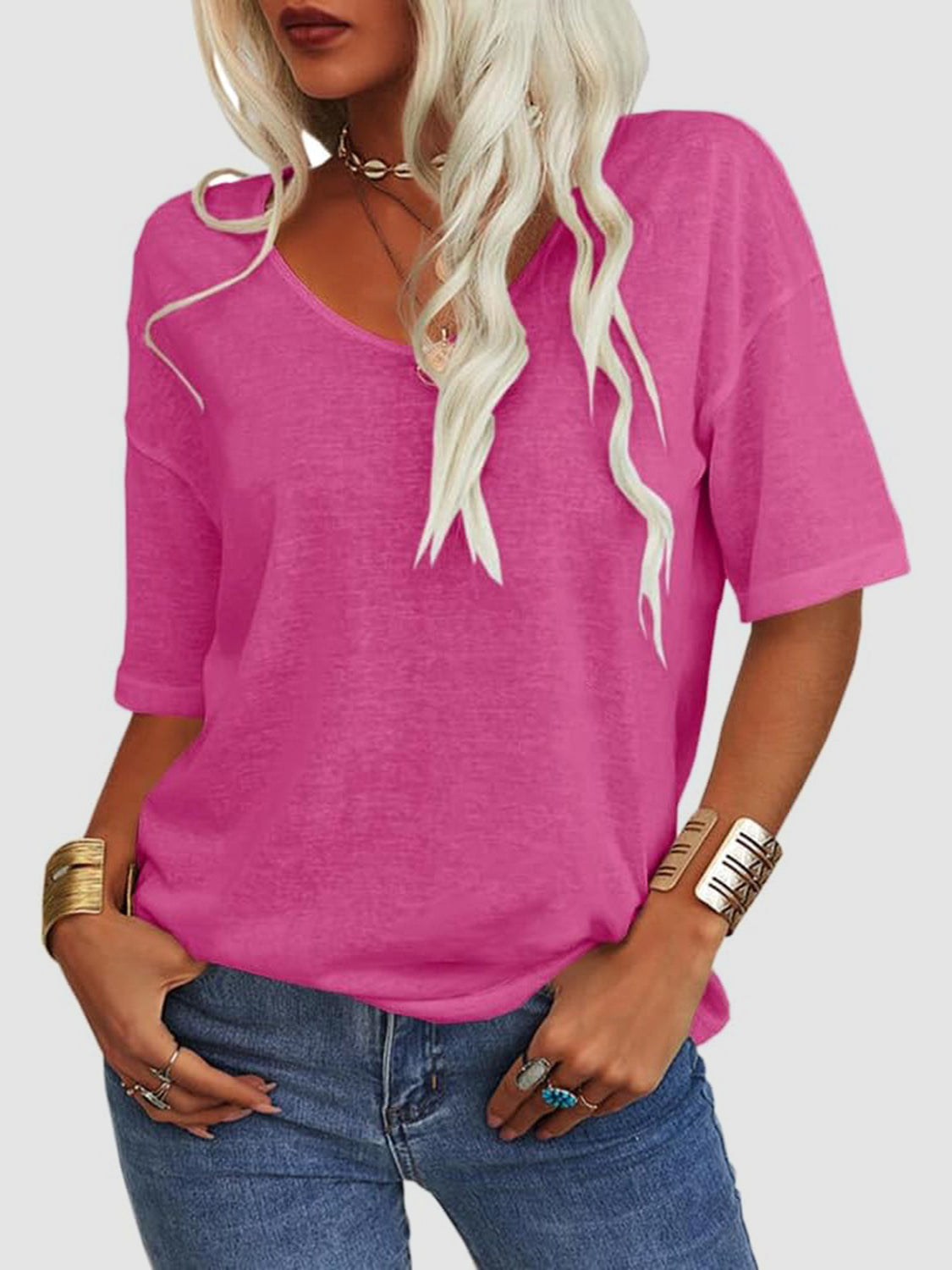 LIZAKOSHT  -  V-Neck Dropped Shoulder Half Sleeve T-Shirt