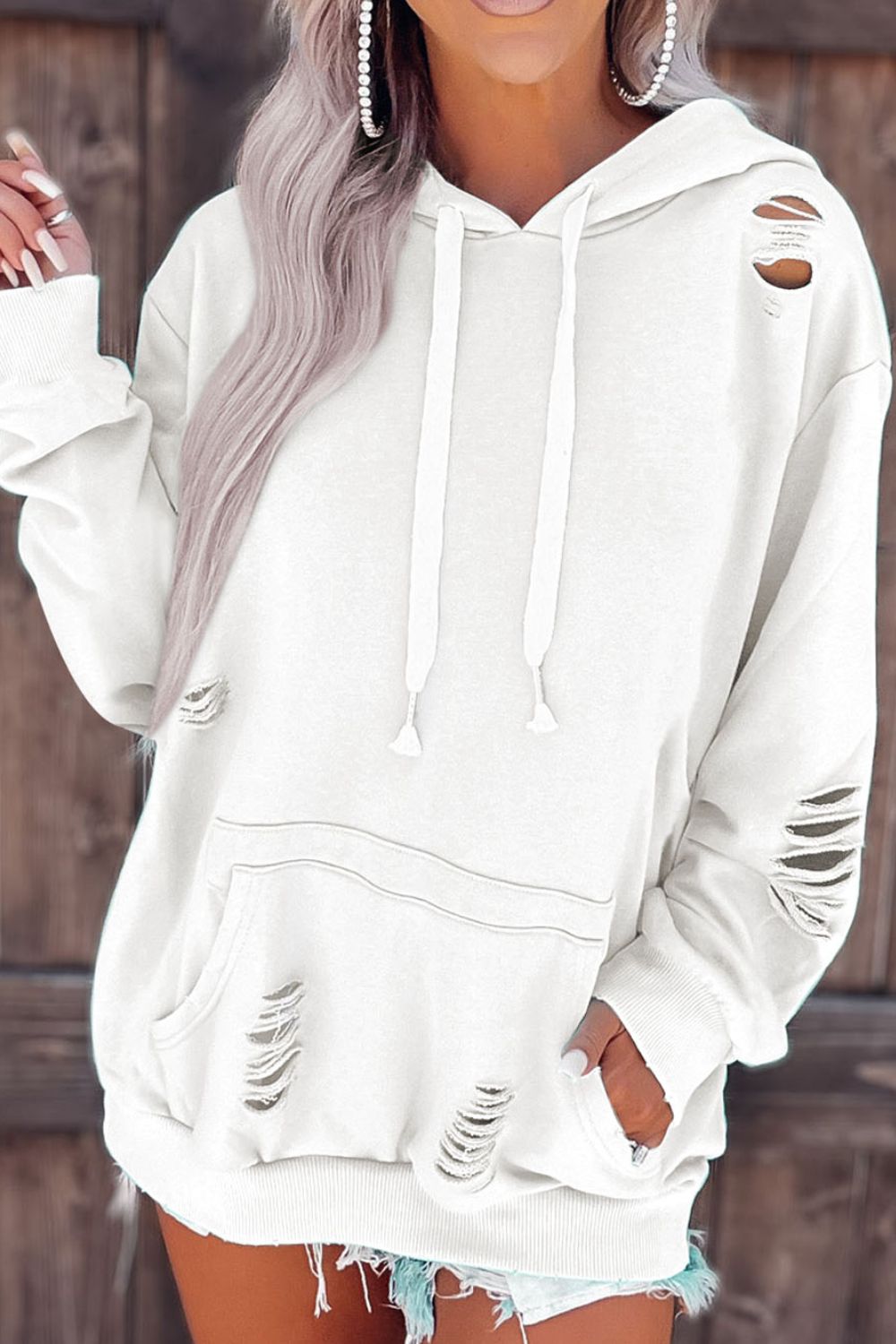 LIZAKOSHT  -  Distressed Drawstring Long Sleeve Hoodie