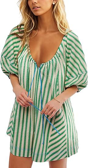 LIZAKOSHT  -  Womens Striped Romper Casual Loose Puff Sleeve Wide Leg Jumpsuit Overall with Pockets