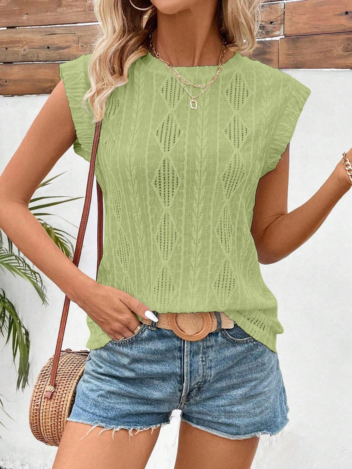 LIZAKOSHT  -  Openwork Round Neck Cap Sleeve Top