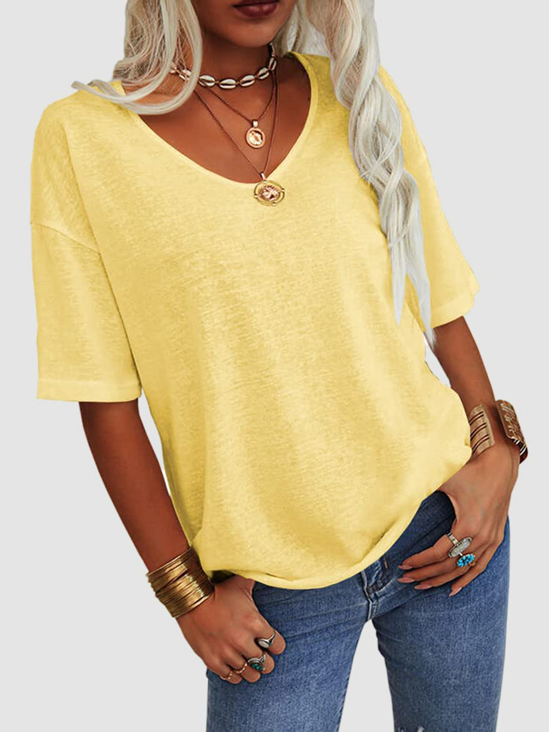 LIZAKOSHT  -  V-Neck Dropped Shoulder Half Sleeve T-Shirt