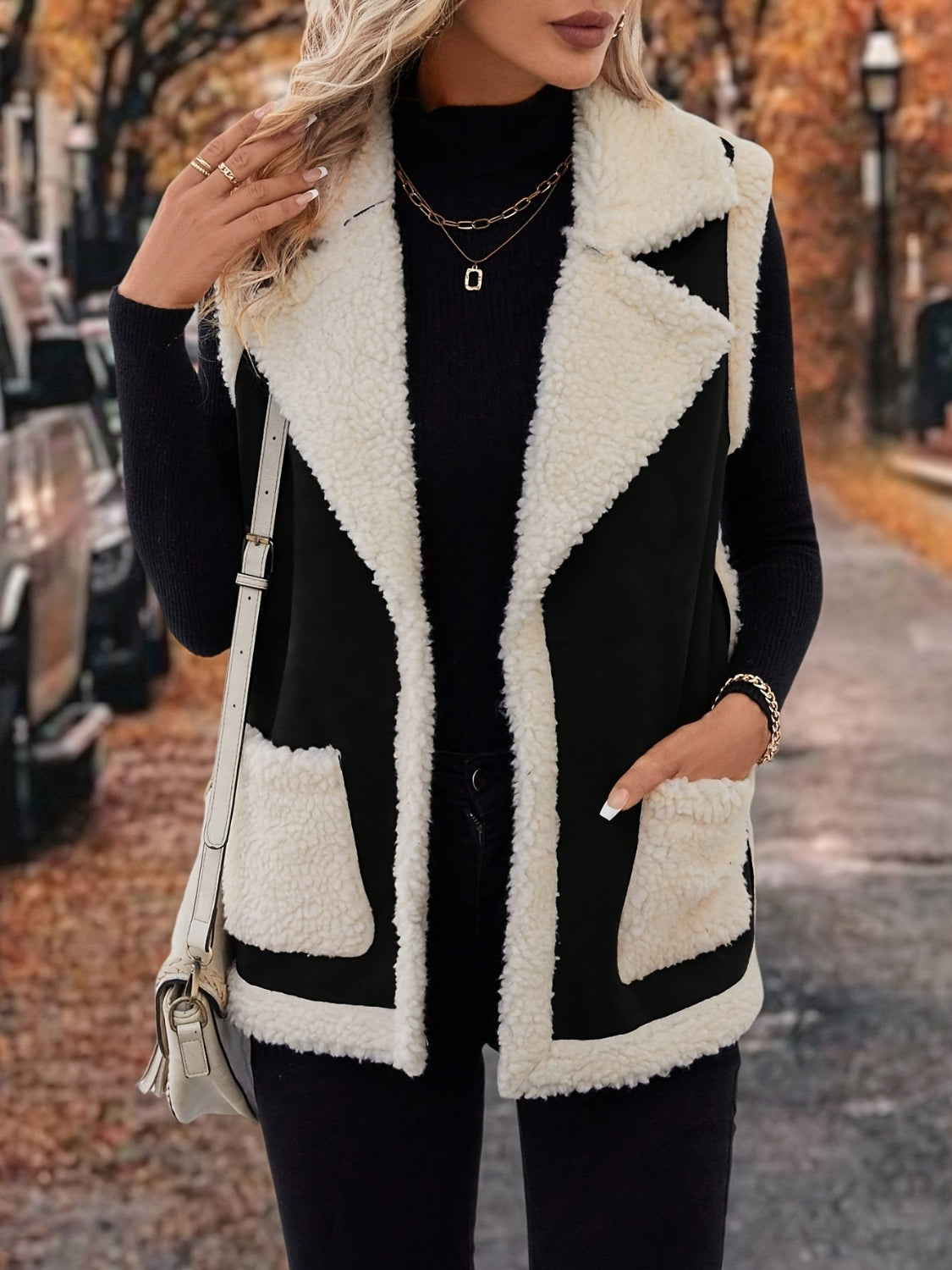 LIZAKOSHT  -  Full Size Contrast Open Front Sherpa Vest Coat