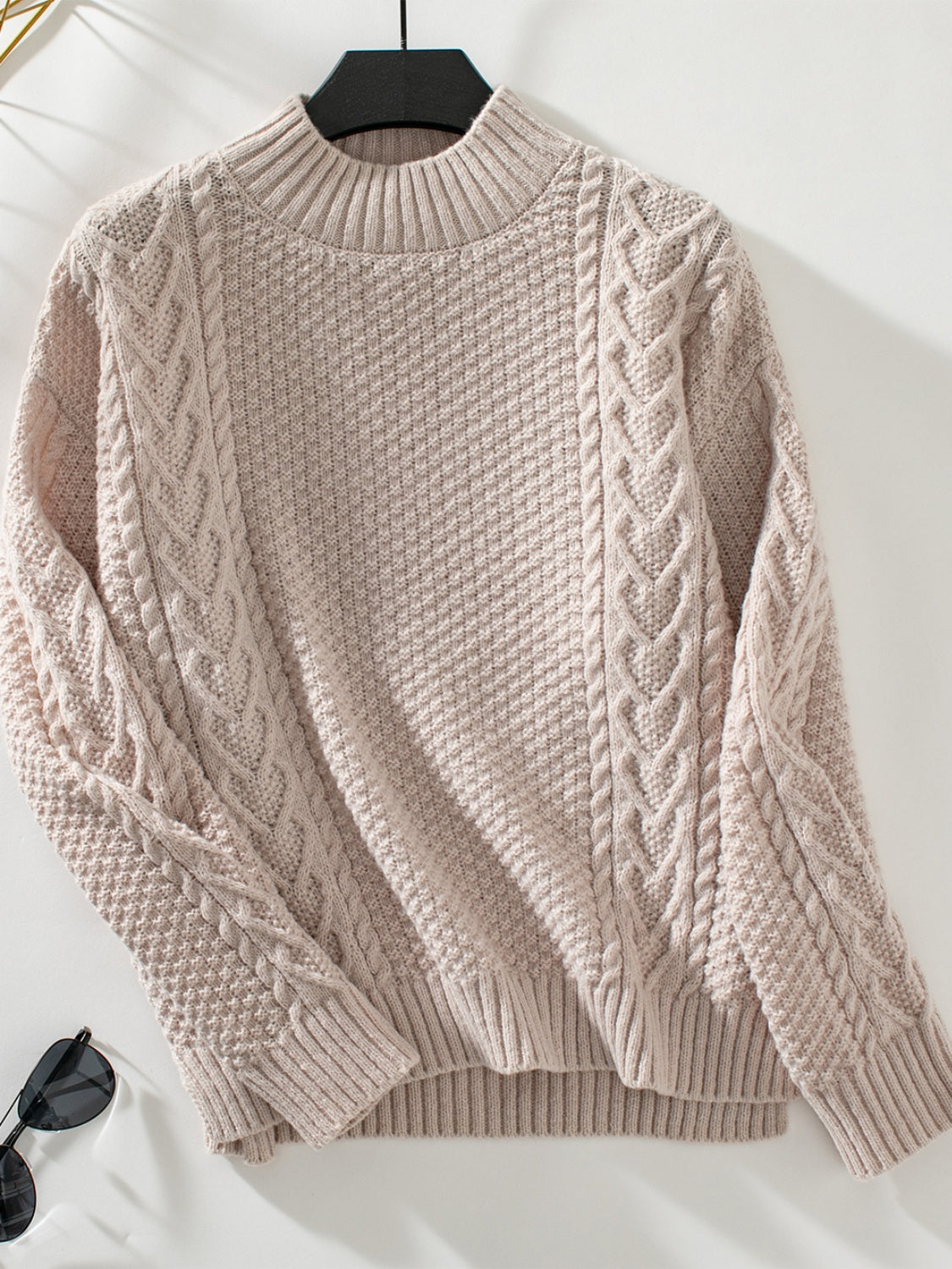 LIZAKOSHT  -  Cable-Knit Mock Neck Long Sleeve Sweater