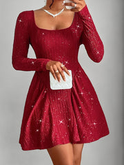 LIZAKOSHT  -  Backless Glitter Square Neck Long Sleeve Mini Dress