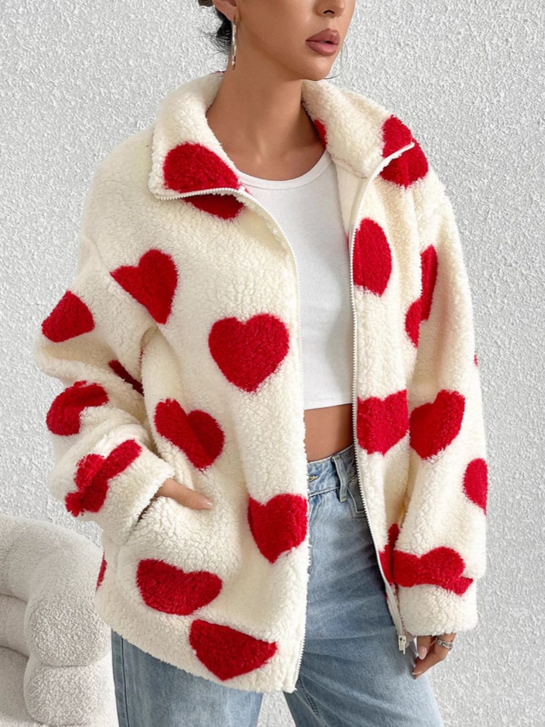 LIZAKOSHT  -  Heart Zip Up Drop Shoulder Furry Jacket