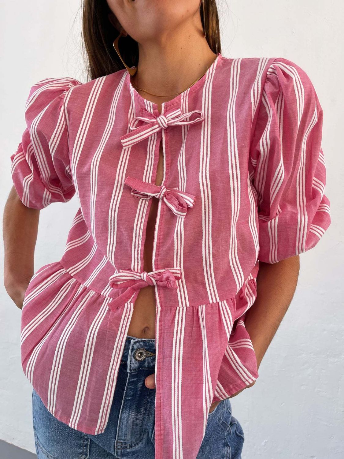 LIZAKOSHT  -  Tied Round Neck Balloon Sleeve Shirt