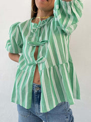 LIZAKOSHT  -  Tied Round Neck Balloon Sleeve Shirt