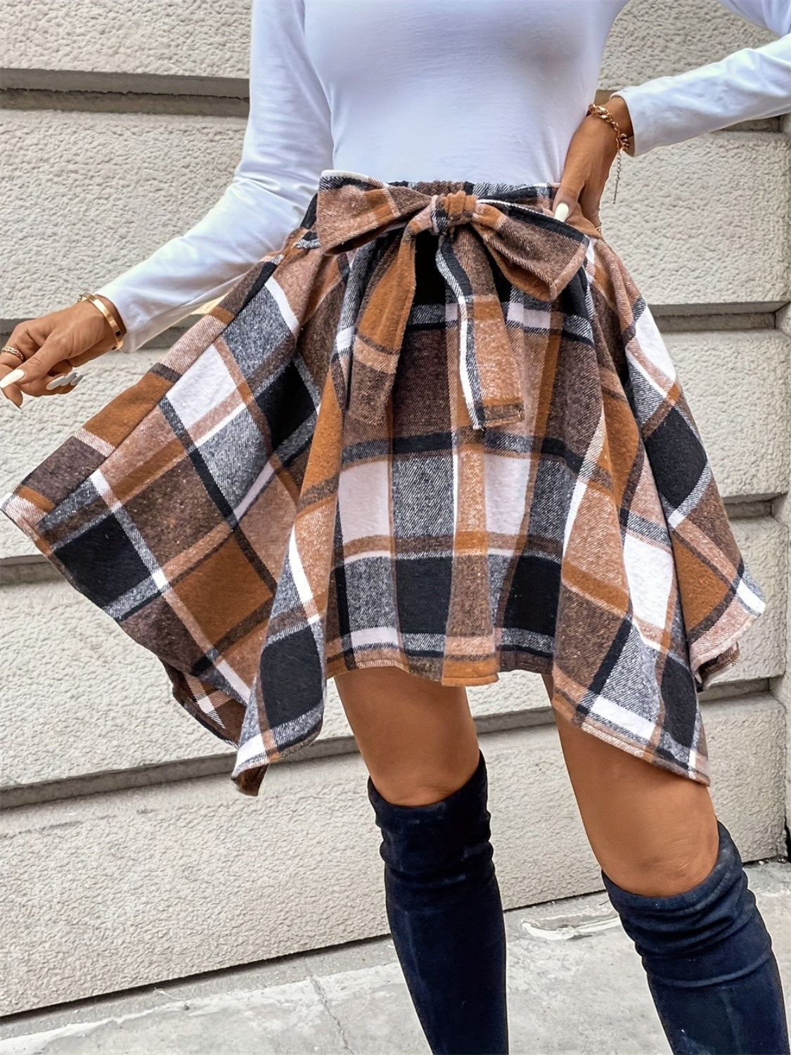 LIZAKOSHT  -  Tied Plaid Asymmetrical Hem Skirt