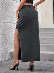 LIZAKOSHT  -  Slit Midi Denim Skirt with Pockets