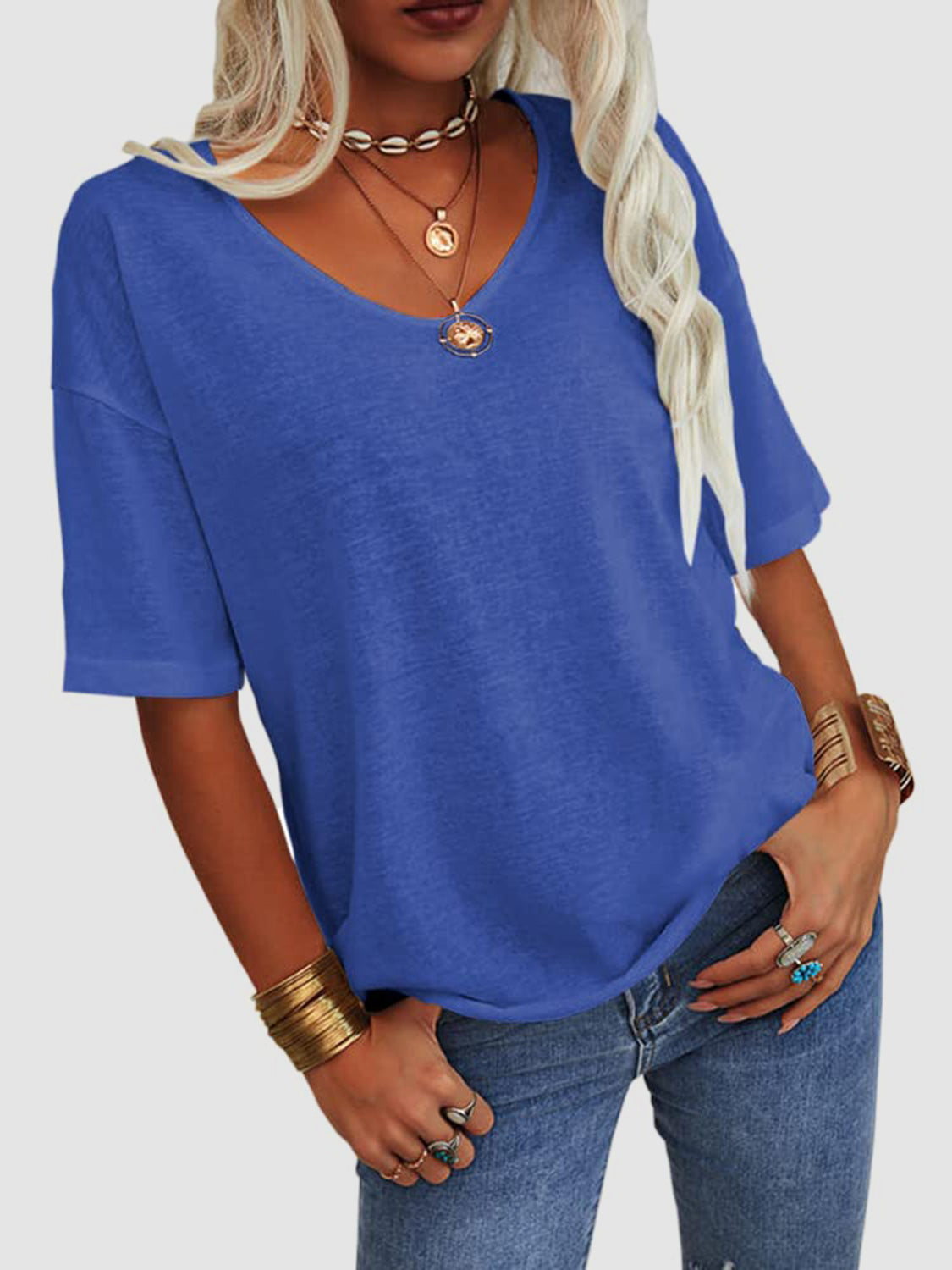 LIZAKOSHT  -  V-Neck Dropped Shoulder Half Sleeve T-Shirt