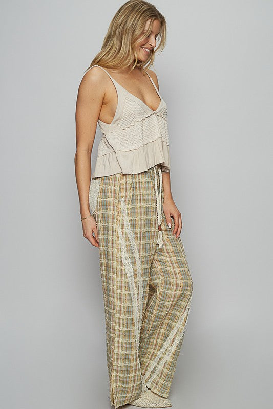 LIZAKOSHT  -  POL Lace Trim Drawstring Checkered Wide Leg Pants