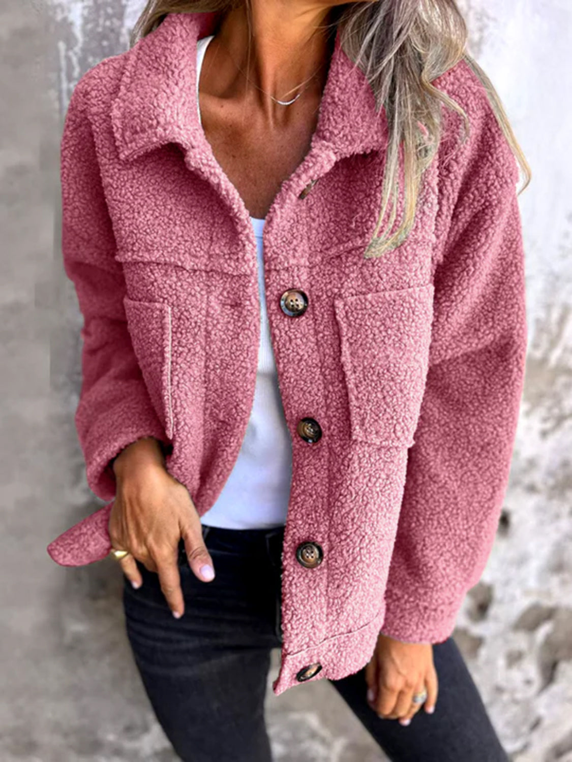 LIZAKOSHT  -  Full Size Fuzzy Button Up Drop Shoulder Jacket