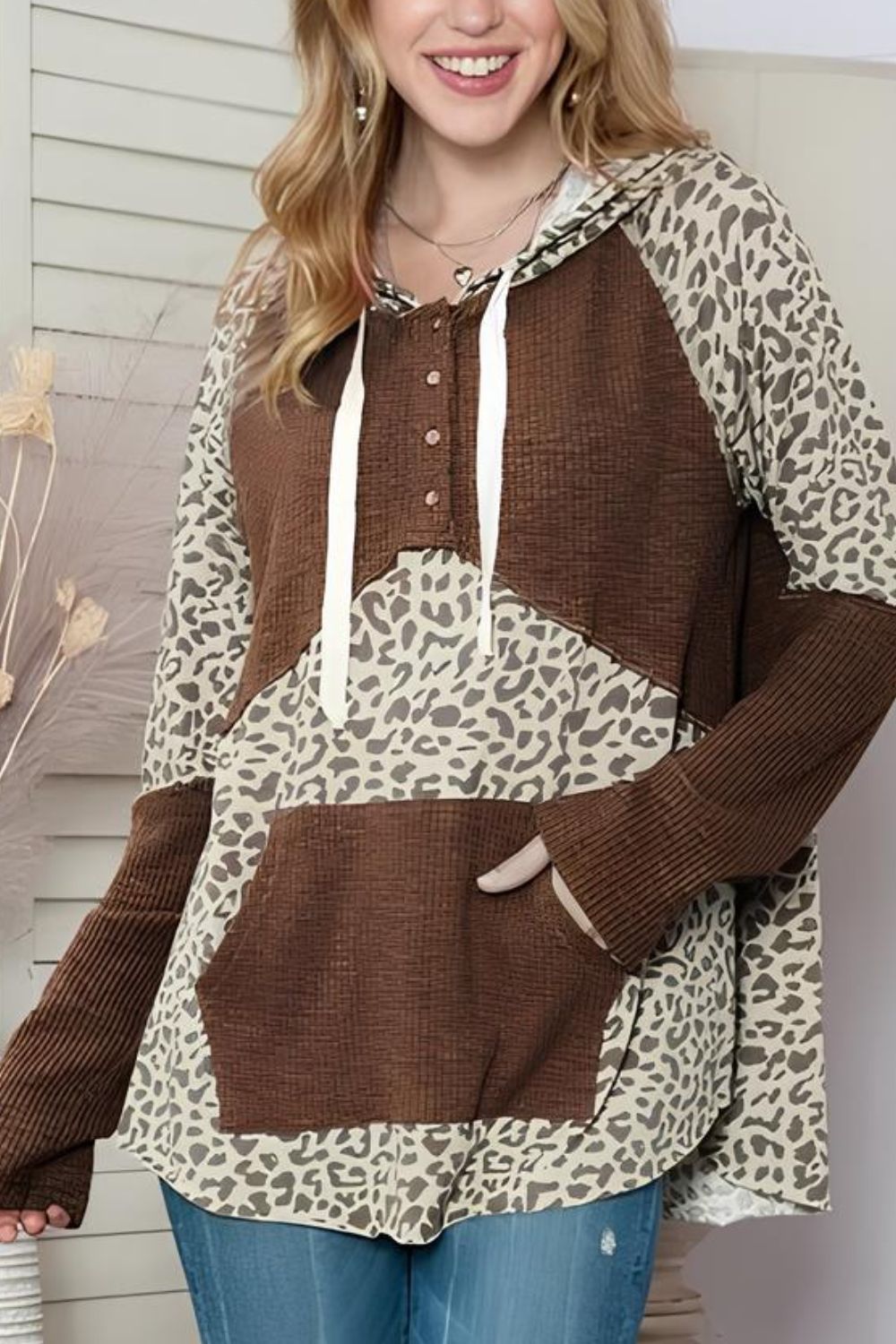 LIZAKOSHT  -  Leopard Ribbed Patchwork Drawstring Hoodie