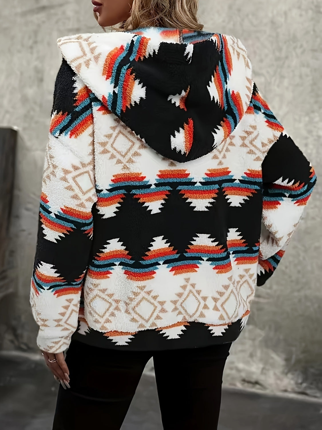 LIZAKOSHT  -  Geometric Zip Up Hooded Sherpa Jacket