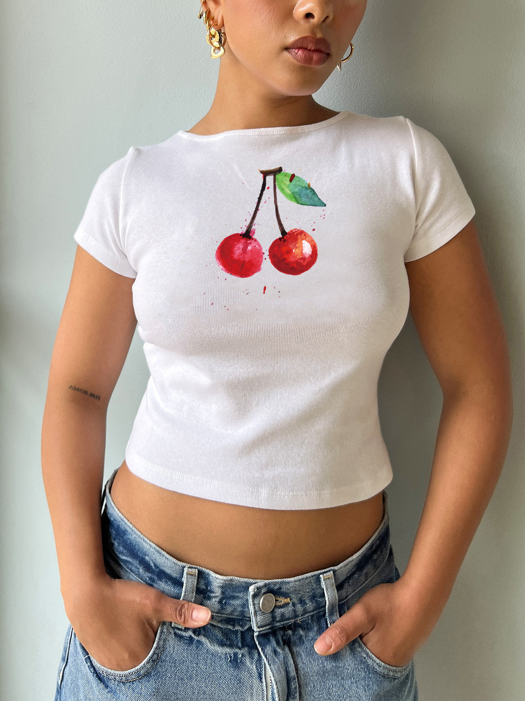 LIZAKOSHT  -  Women's Cherry Print Round Neck Graphic Tee, Vintage Trendy Casual Short Sleeve T-shirt For Daily Wear, Ladies Summer Outfit