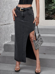 LIZAKOSHT  -  Slit Midi Denim Skirt with Pockets