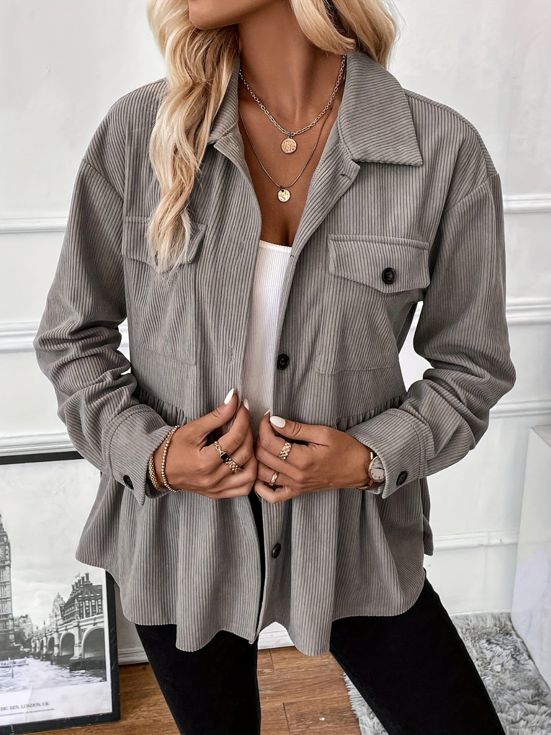 LIZAKOSHT  -  Corduroy Peplum Button Up Shacket