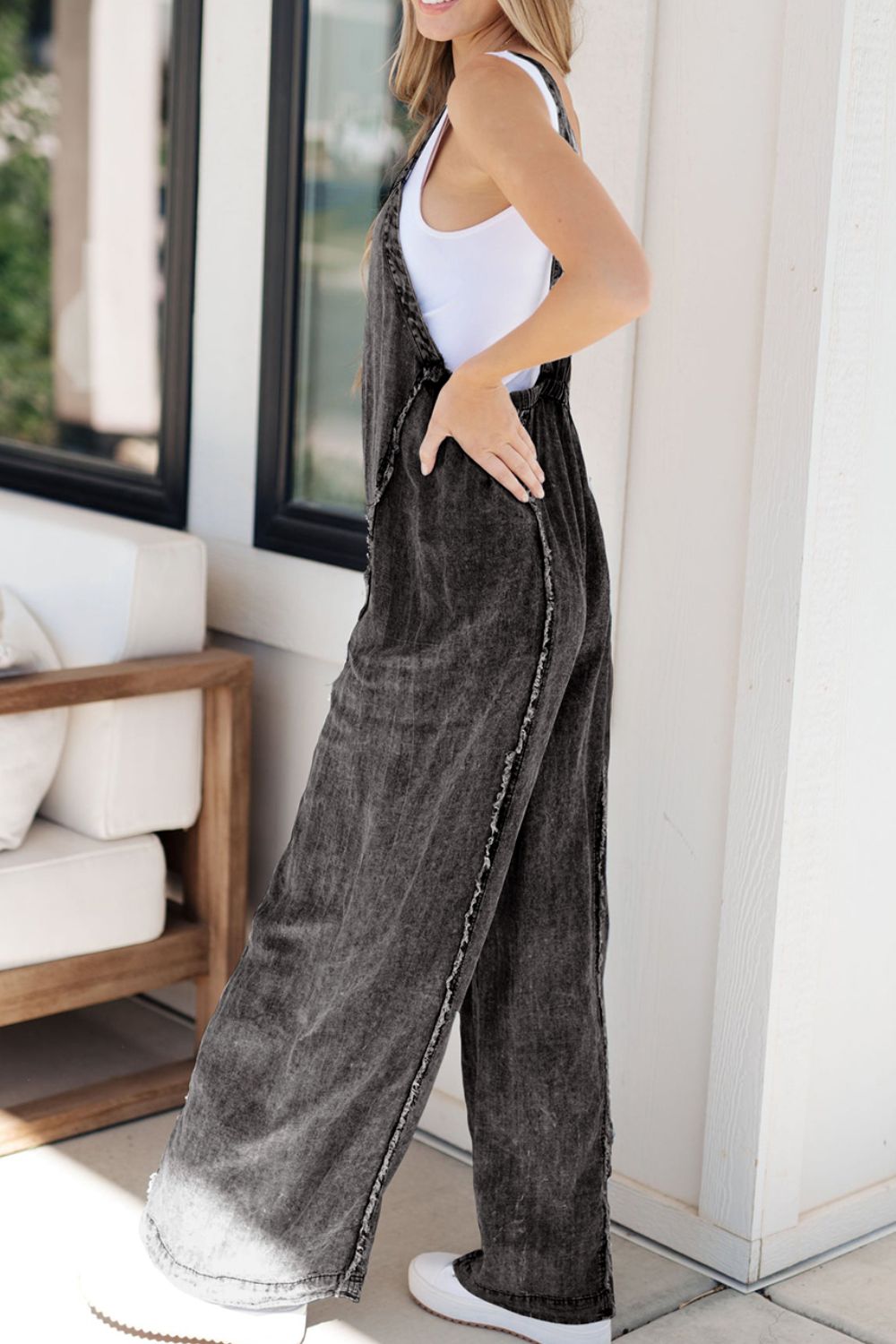 LIZAKOSHT  -  Frayed Exposed Seam Wide Leg Denim Overalls