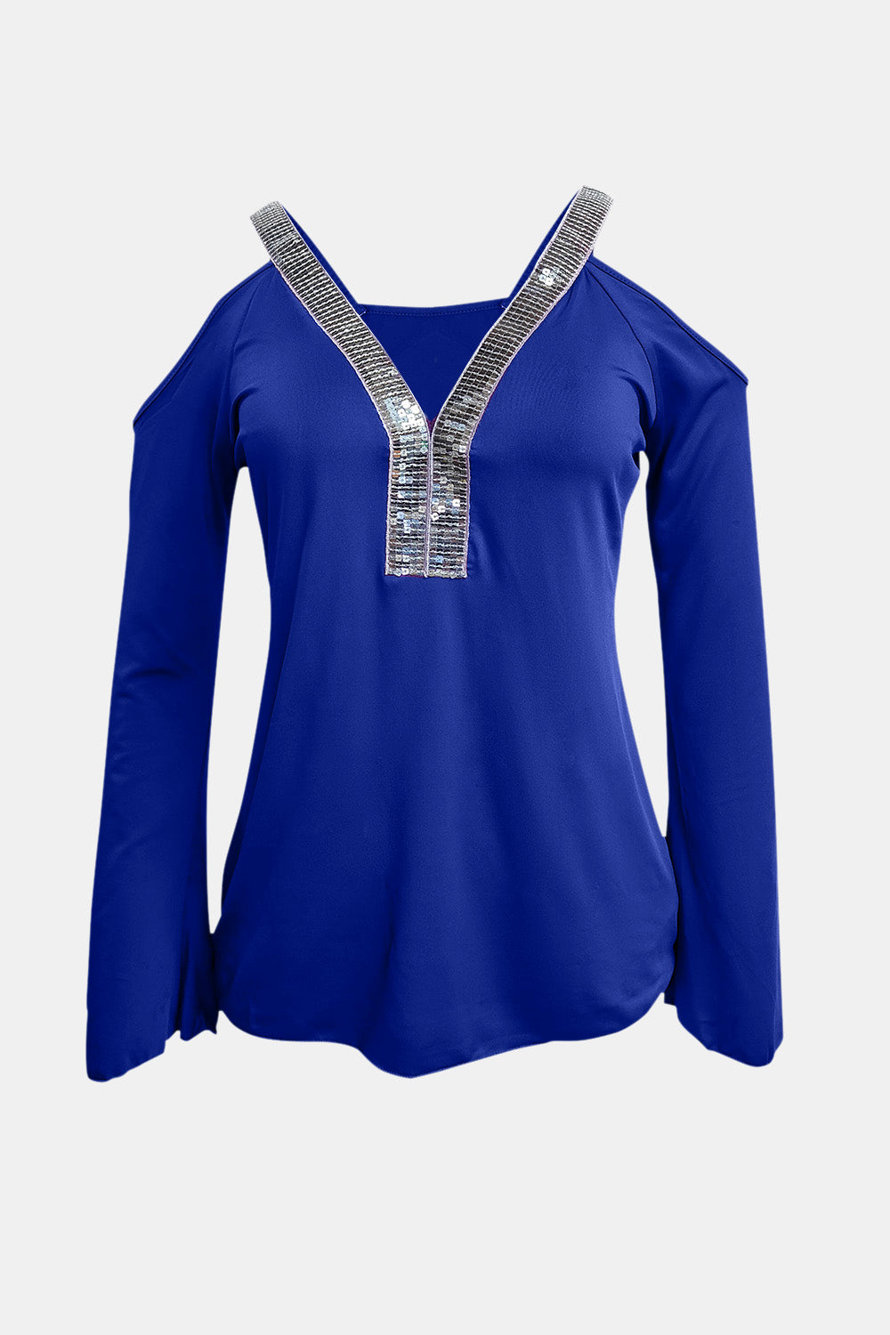 LIZAKOSHT  -  Sequin V-Neck Cold Shoulder Top