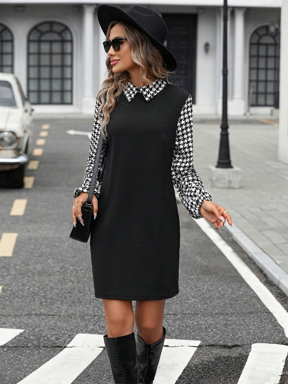 LIZAKOSHT  -  Houndstooth Collared Neck Long Sleeve Mini Dress