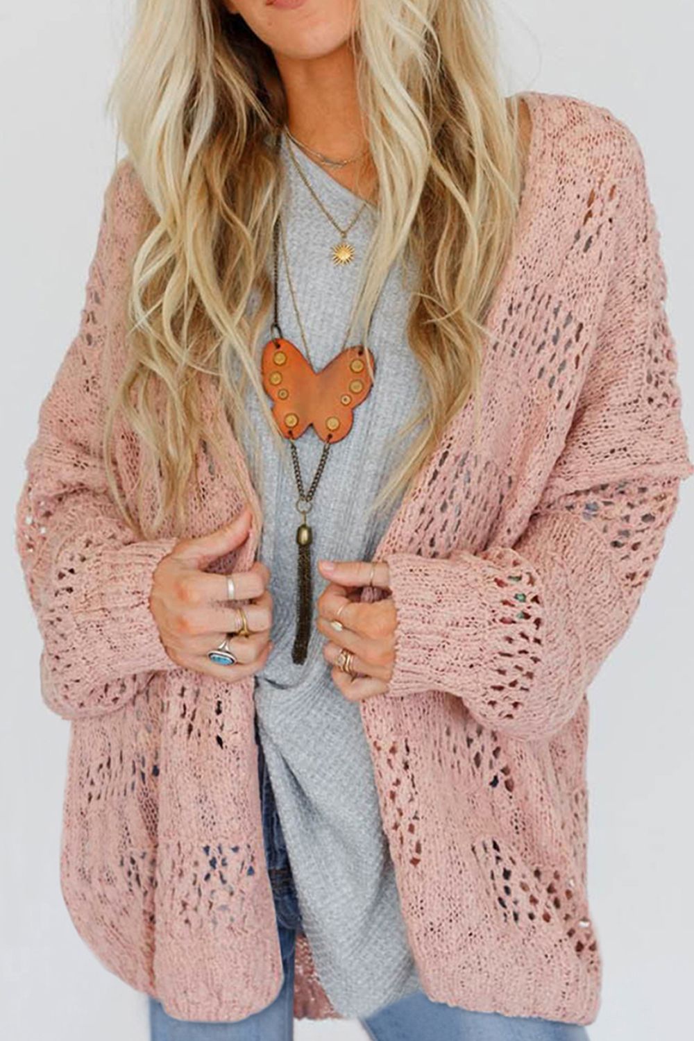 LIZAKOSHT  -  Openwork Open Front Long Sleeve Cardigan