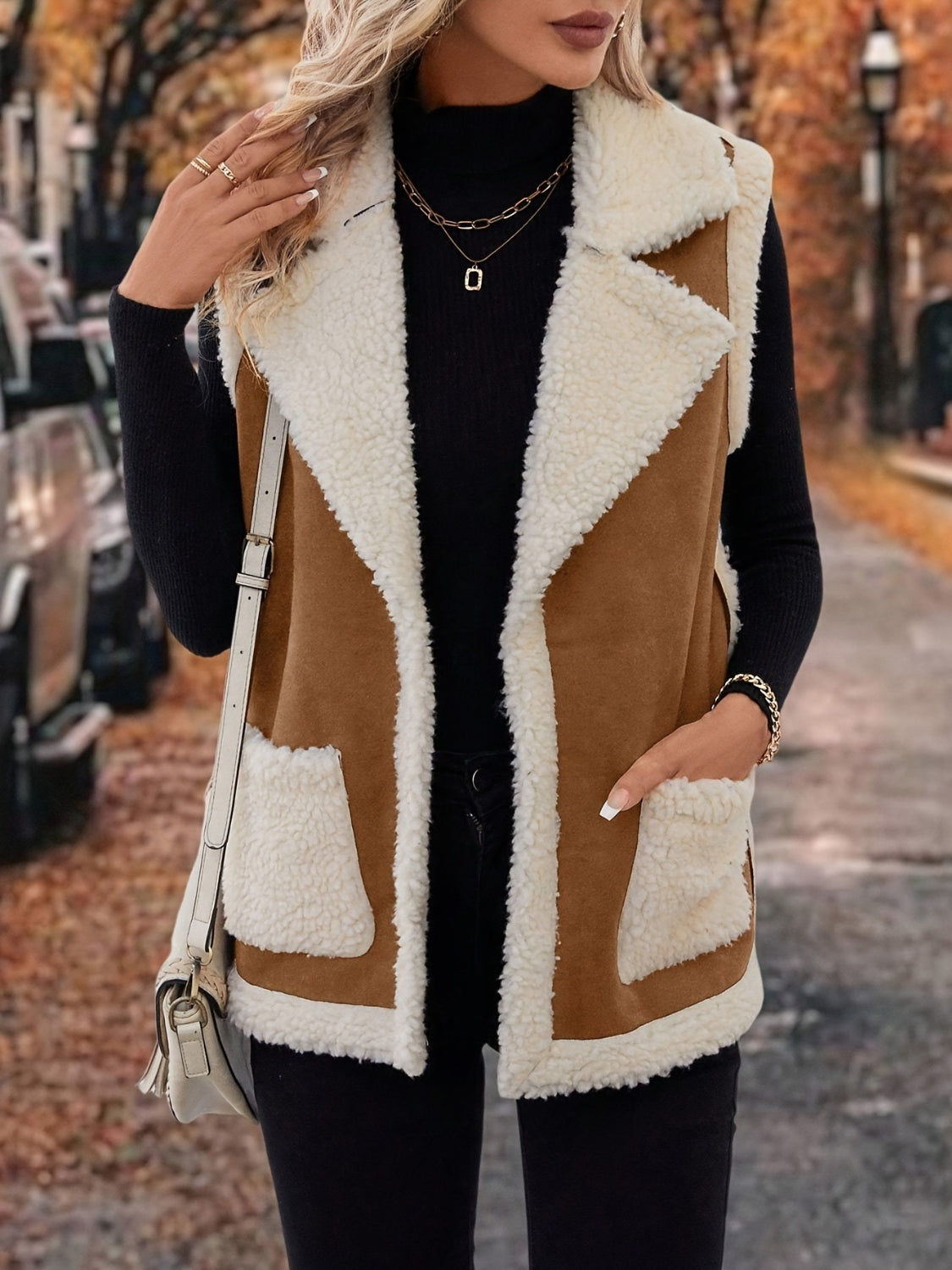 LIZAKOSHT  -  Full Size Contrast Open Front Sherpa Vest Coat