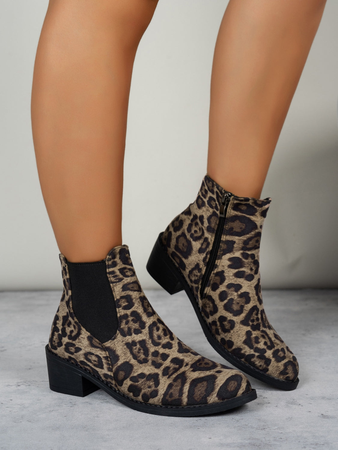 LIZAKOSHT  -  Leopard Point Toe Block Heel Boots