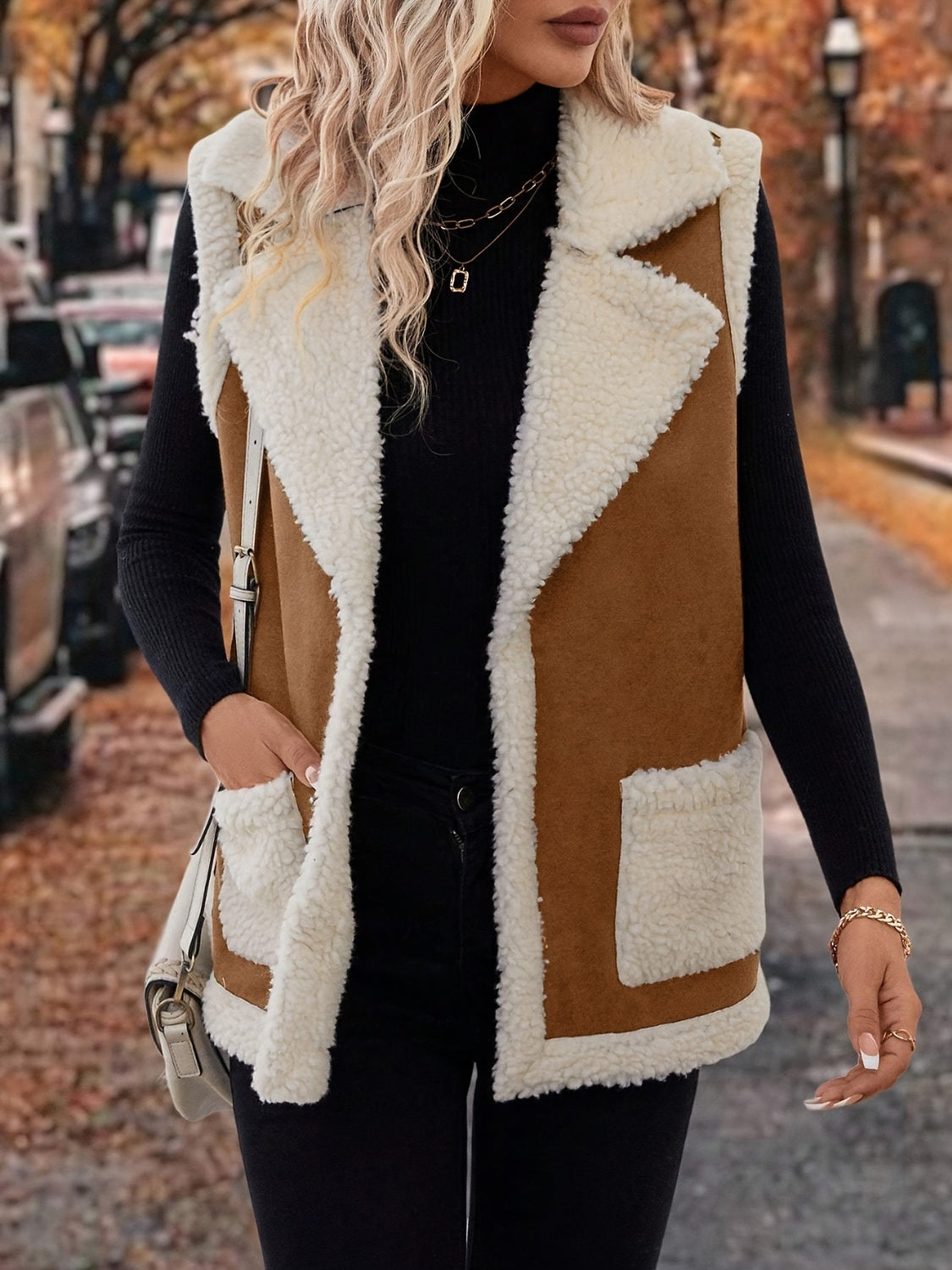 LIZAKOSHT  -  Full Size Contrast Open Front Sherpa Vest Coat