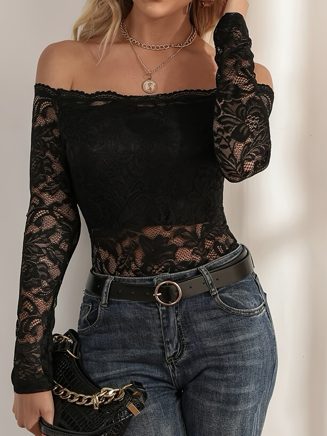 LIZAKOSHT  -  Off-Shoulder Long Sleeve Lace Top