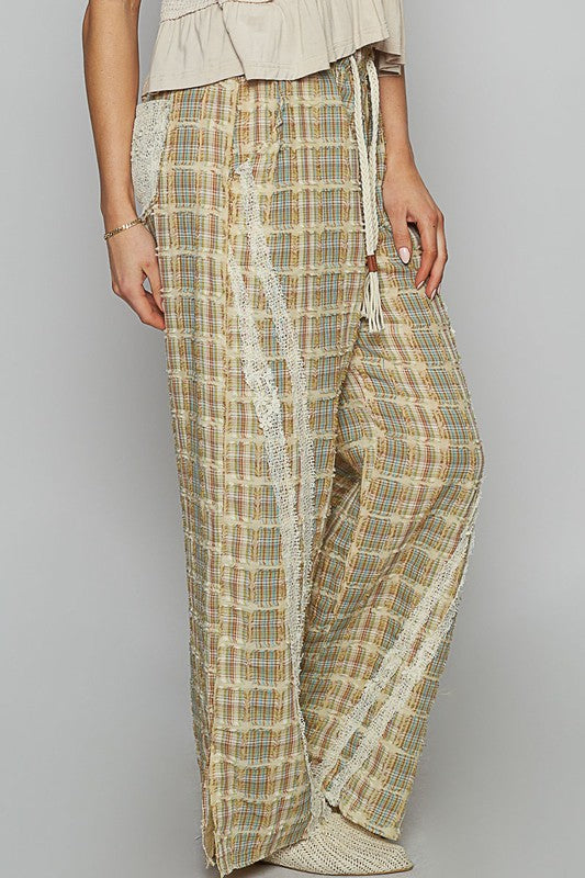 LIZAKOSHT  -  POL Lace Trim Drawstring Checkered Wide Leg Pants