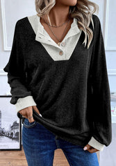 Contrast Quarter Button Round Neck Long Sleeve Top