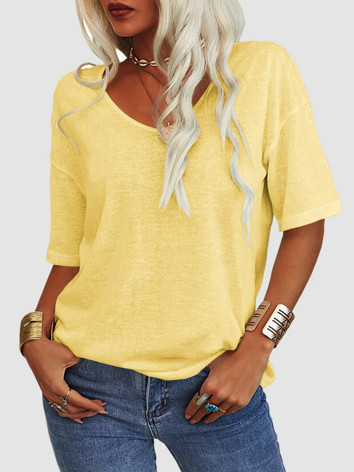 LIZAKOSHT  -  V-Neck Dropped Shoulder Half Sleeve T-Shirt