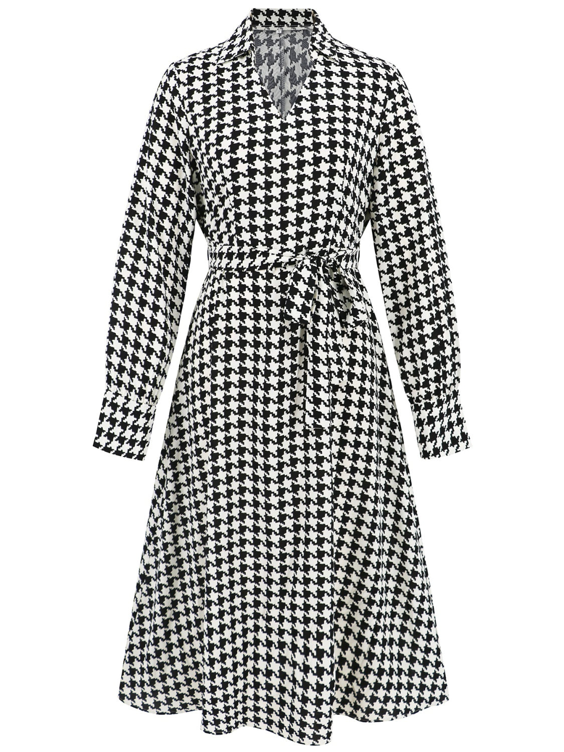 LIZAKOSHT  -  Tied Houndstooth Long Sleeve Midi Dress