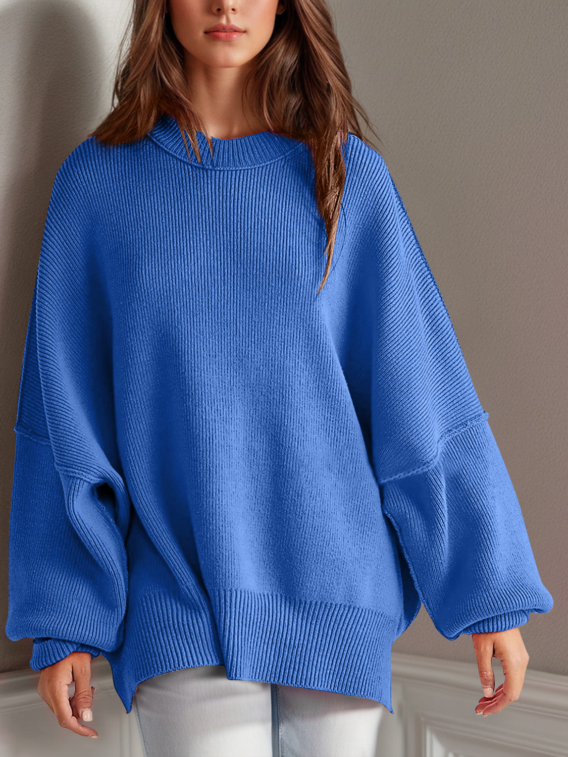 LIZAKOSHT  -  Double Take Side Slit Round Neck Long Sleeve Sweater