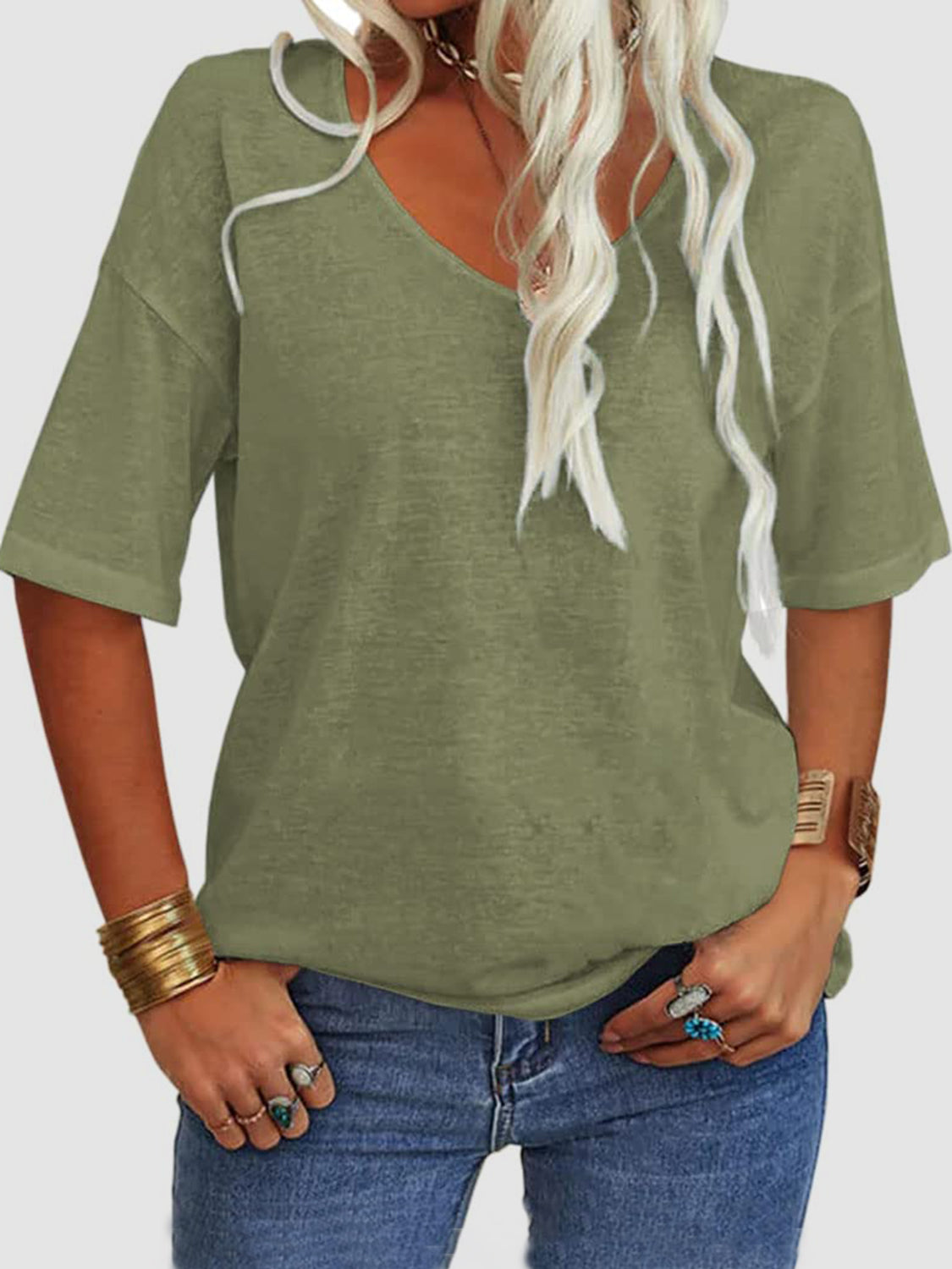 LIZAKOSHT  -  V-Neck Dropped Shoulder Half Sleeve T-Shirt