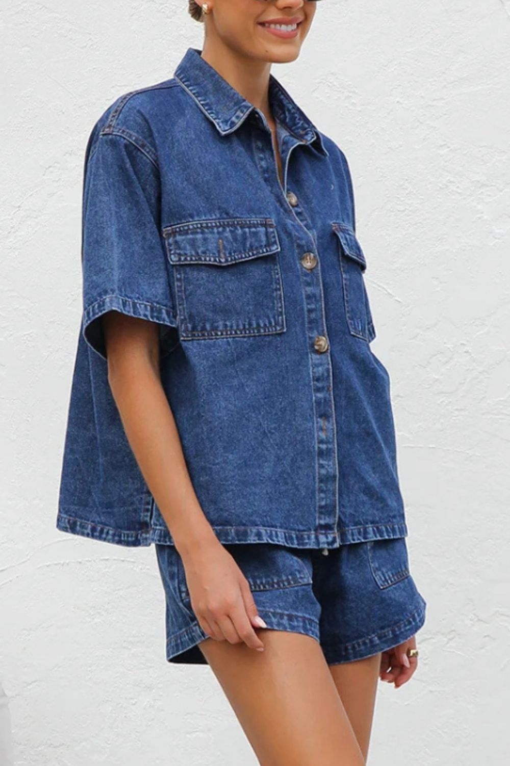 LIZAKOSHT  -  Collared Neck Button Up Top and Shorts Denim Set