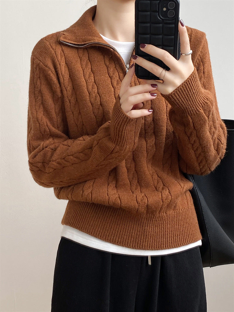 LIZAKOSHT  -  Cable-Knit Half Zip Long Sleeve Sweater