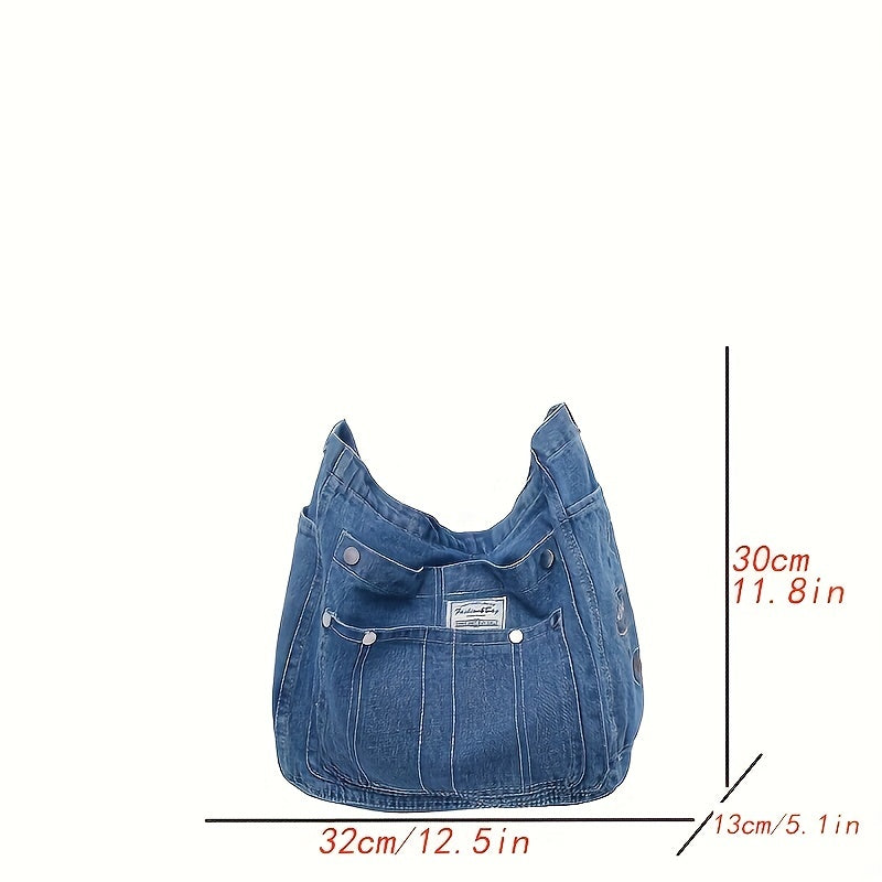 Lizakosht Stylish Denim Hobo Bag, Crossbody Bag For Work & School, Trendy Y2K Armpit Bag With Multiple Pockets