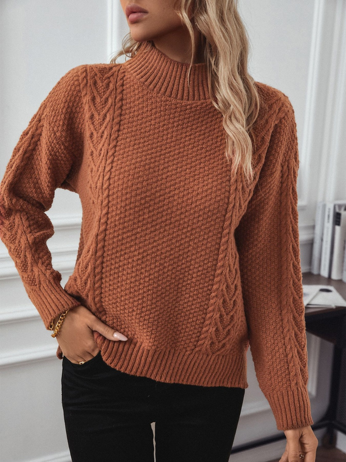 LIZAKOSHT  -  Cable-Knit Mock Neck Long Sleeve Sweater